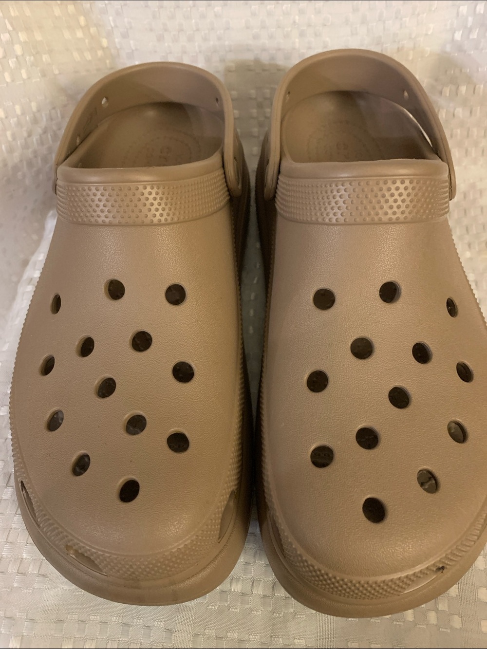 CROCS tan Crush Clogs; Men’s size 10 or Women’s size 12. Very good condition.